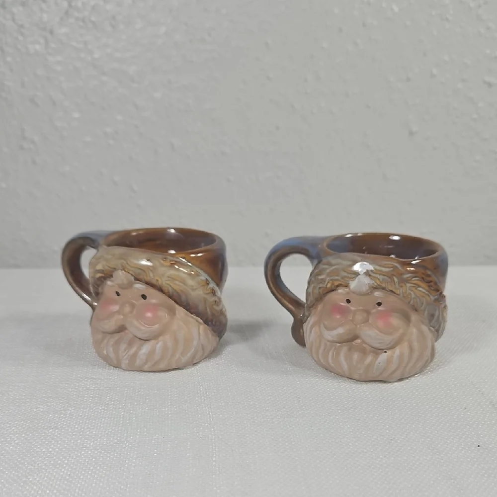 NWT Set of 2 Bohemian Brown Cream & Blue Santa Claus Ceramic Tea Light Holders